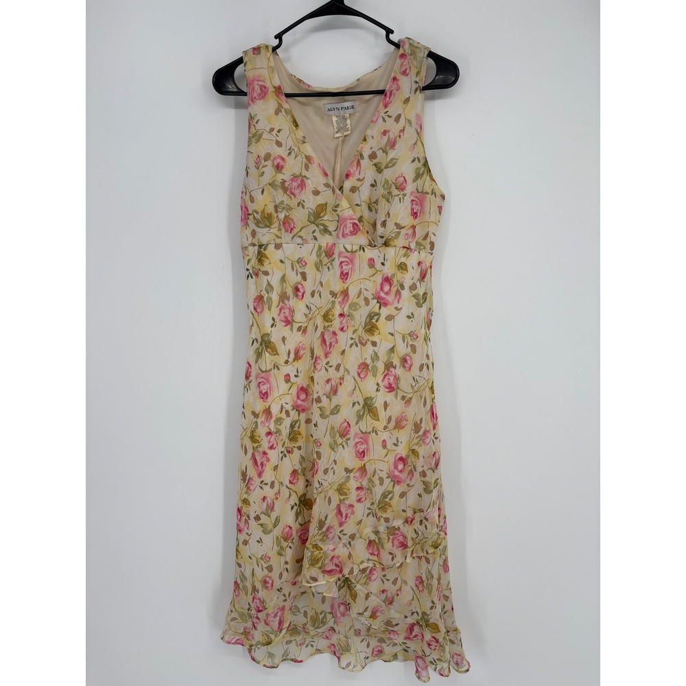 Alyn Paige Dress Womens 12 Pink Floral Rose V-Neck Ruffle High-Low Midi